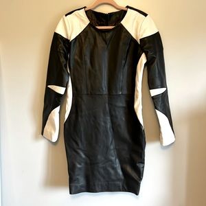GENUINE LEATHER black and white long sleeved dress